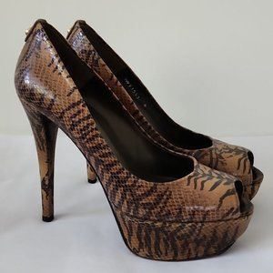 Stuart Weitzman Python Leather Tiger Animal Print Platform Peep Toe Pumps 9.5M